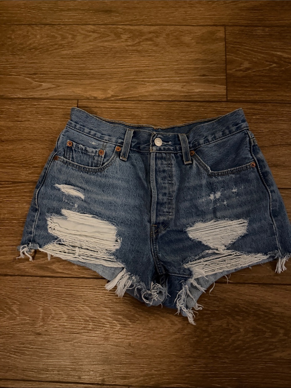 Levi's Distressed Medium Blue High-Rise Denim Cutoff Shorts